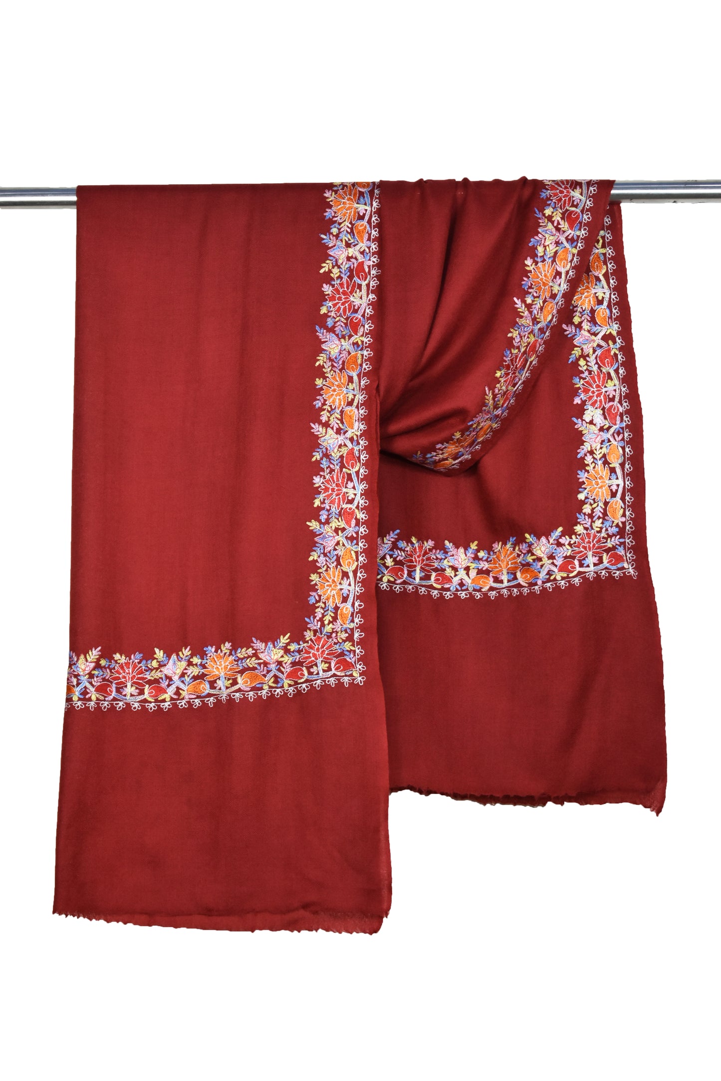 Kashmiri Cashmere Wool Luxury Stole in Maroon Red with Multicolor Hashidar Single Stitch Floral Vein Embroidery