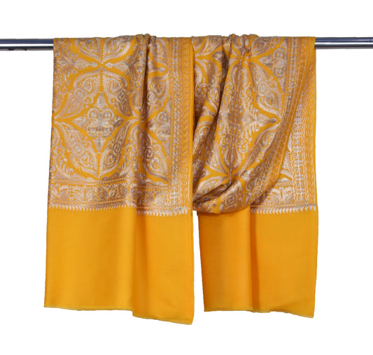 Kashmiri all over Ari Embroidery Butta design cashmere wool stole, Mastard yellow