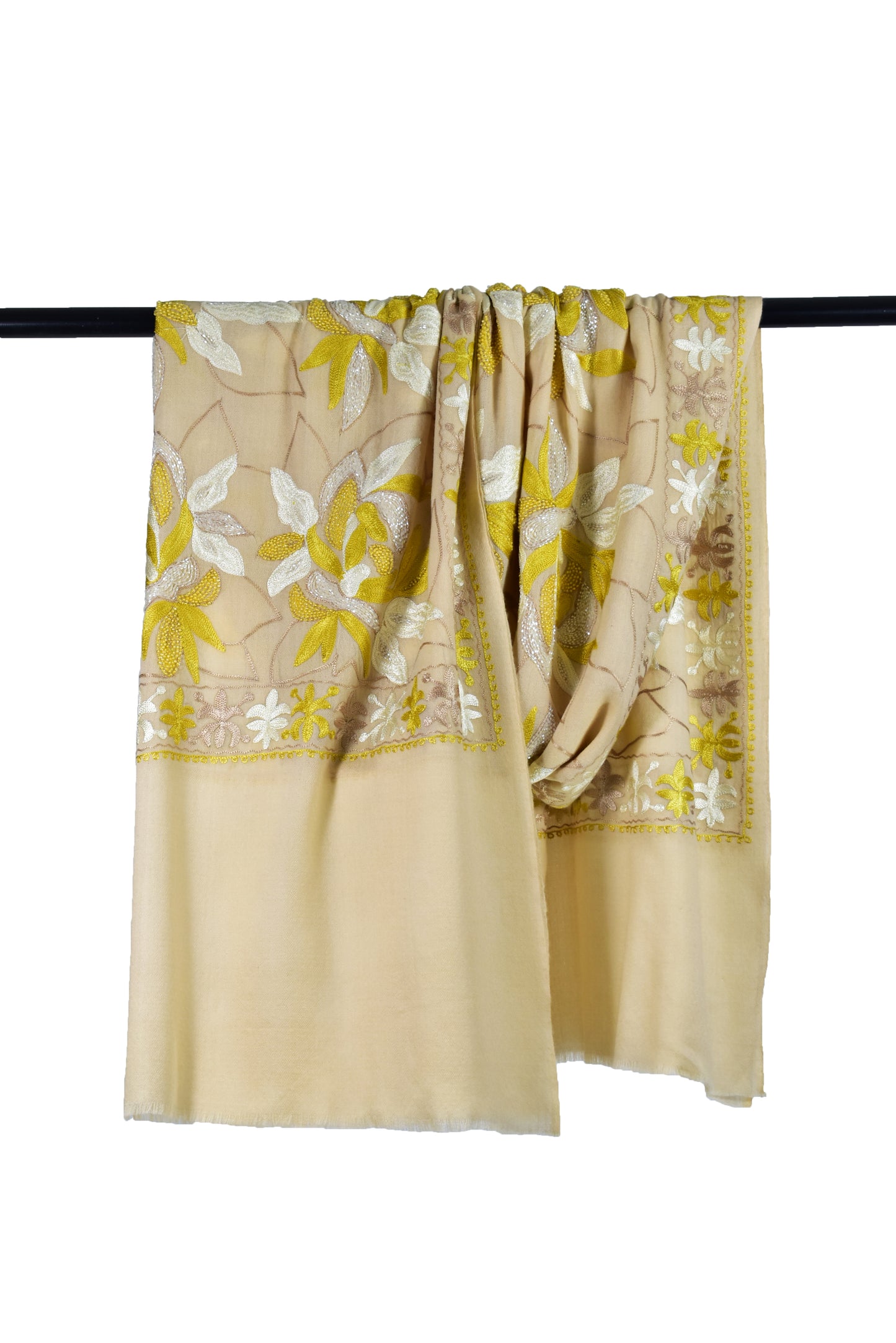 Luxurious Cashmere Wool Stole in Mexican Cornsilk Yellow with Intricate Leaf Motifs with Artisan Ari & Handwork Embroidery by Riem