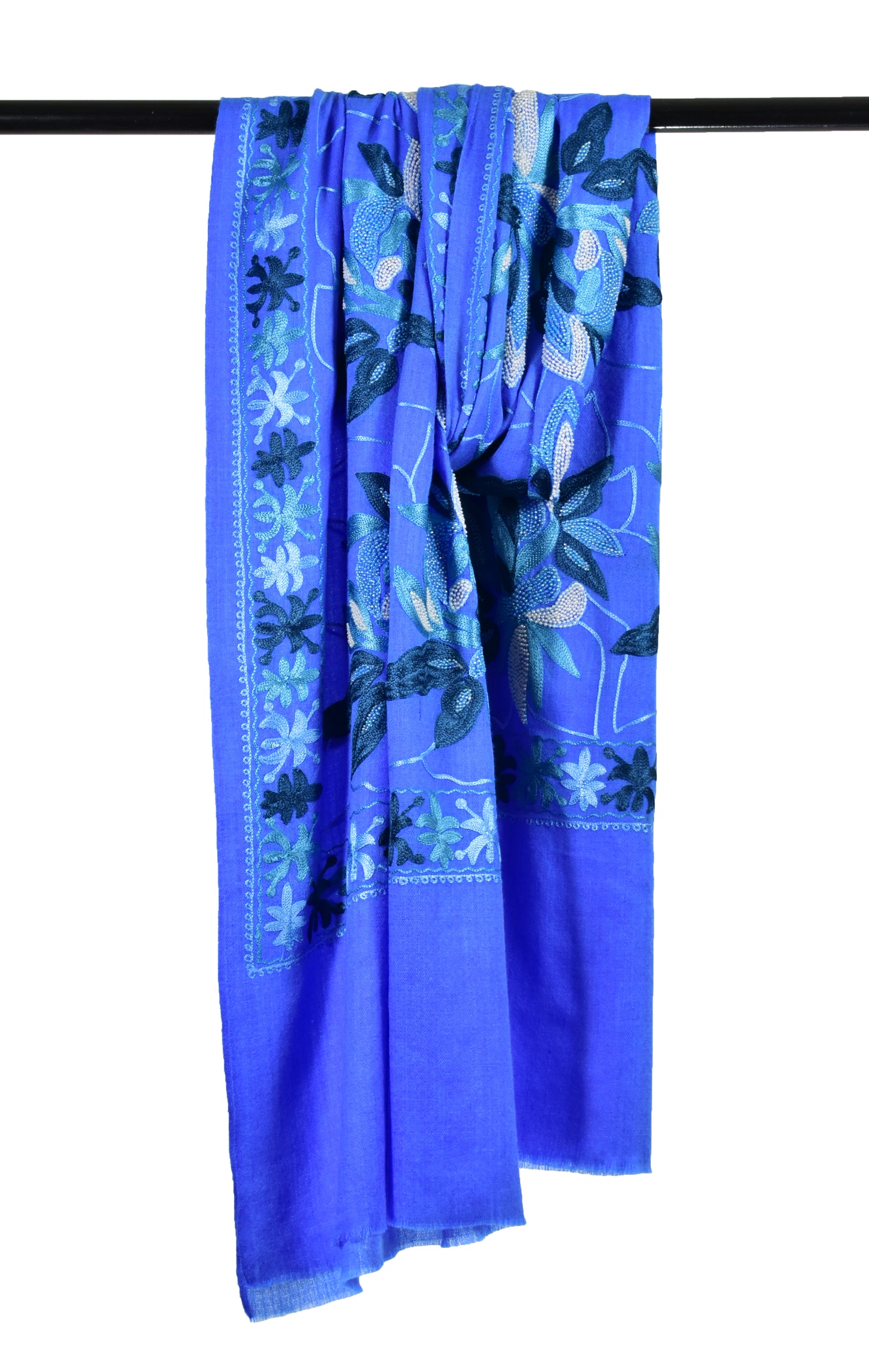 Cashmere Wool Stole in French Sapphire Blue with Intricate Leaf Motifs and Exquisite Ari & Handwork Embroidery by Riem