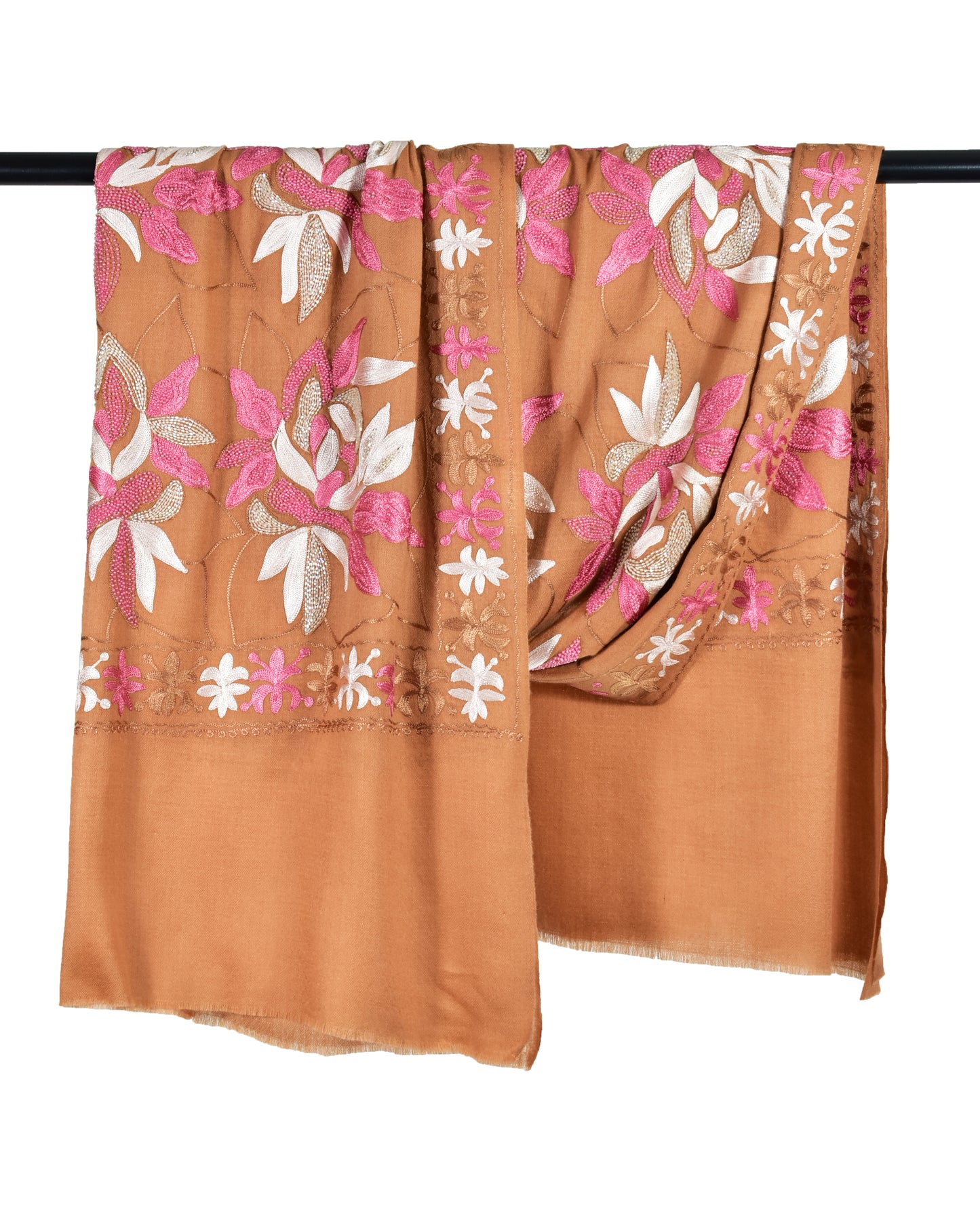 Cashmere Wool Stole in Italian Sienna Brown with Handcrafted Leaf Motifs and Exquisite Ari and Handwork Embroidery by Riem