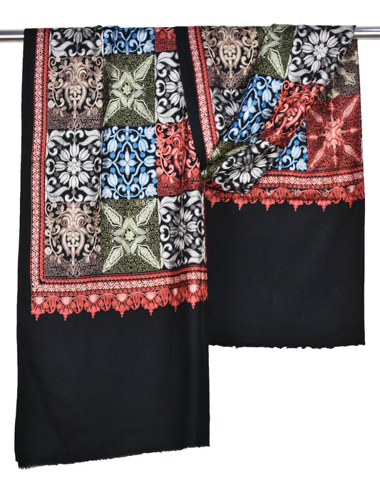 Kashmiri Ari Embroidery Cashmere Wool Stole All over Box and Flower Butta Designs, Black, Multicolor
