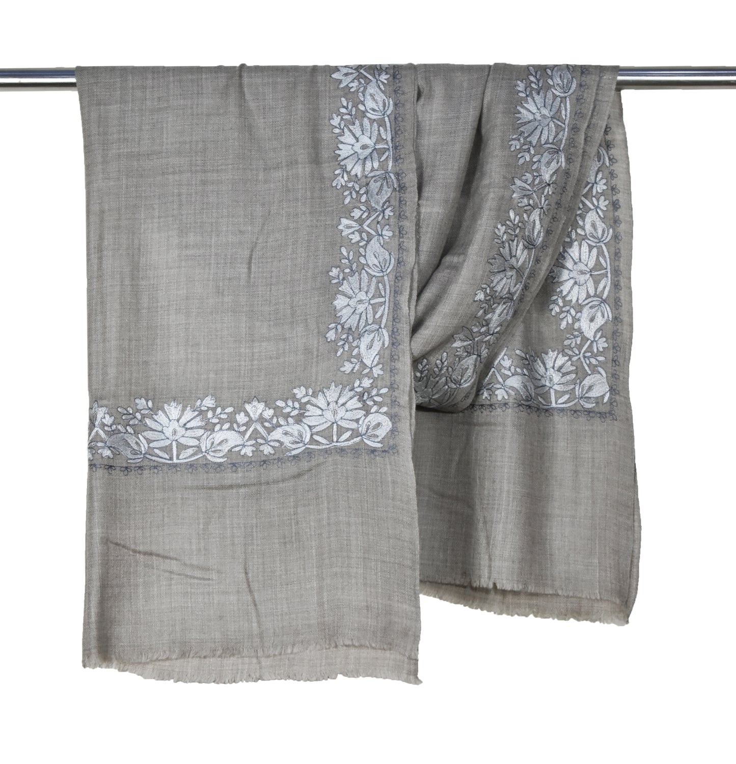 Elegant Kashmiri Cashmere Wool Stole in Greyish Beige with All-Over Floral Vein Hashidar Single Stitch Embroidery