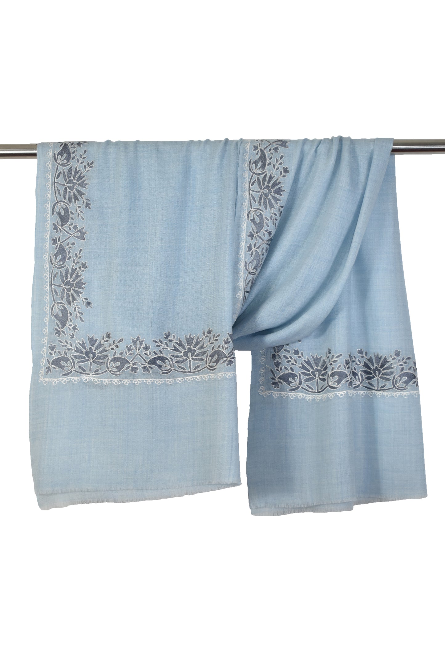 Elegant Kashmiri Cashmere Wool Stole in Ivory Light Blue with Multicolor Hashidar Single Stitch Floral Flowers Deign Embroidery Border