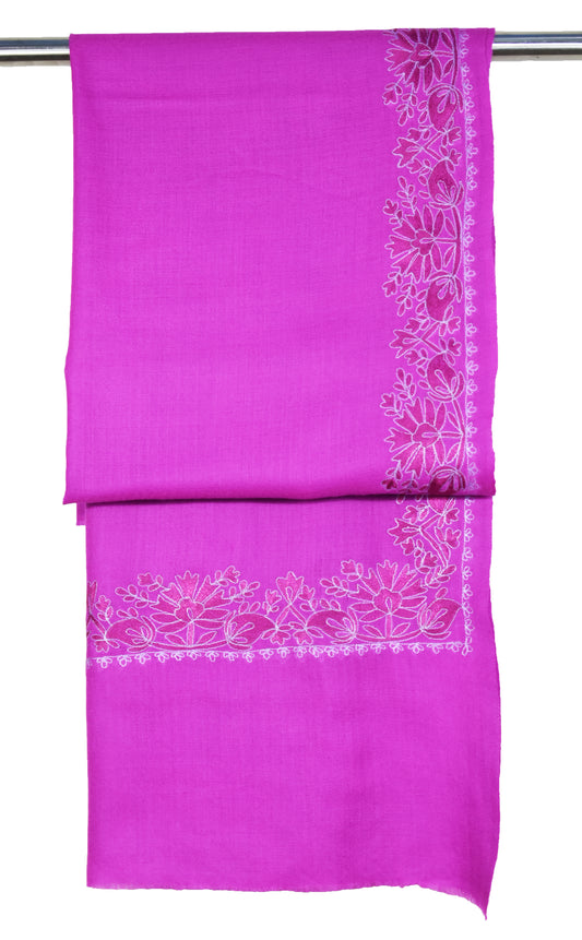 Kashmiri Cashmere Wool Luxury Stole in Barbie Pink – Handwoven with Hashidar Art Single Stitch Floral Vine Embroidery by Riem