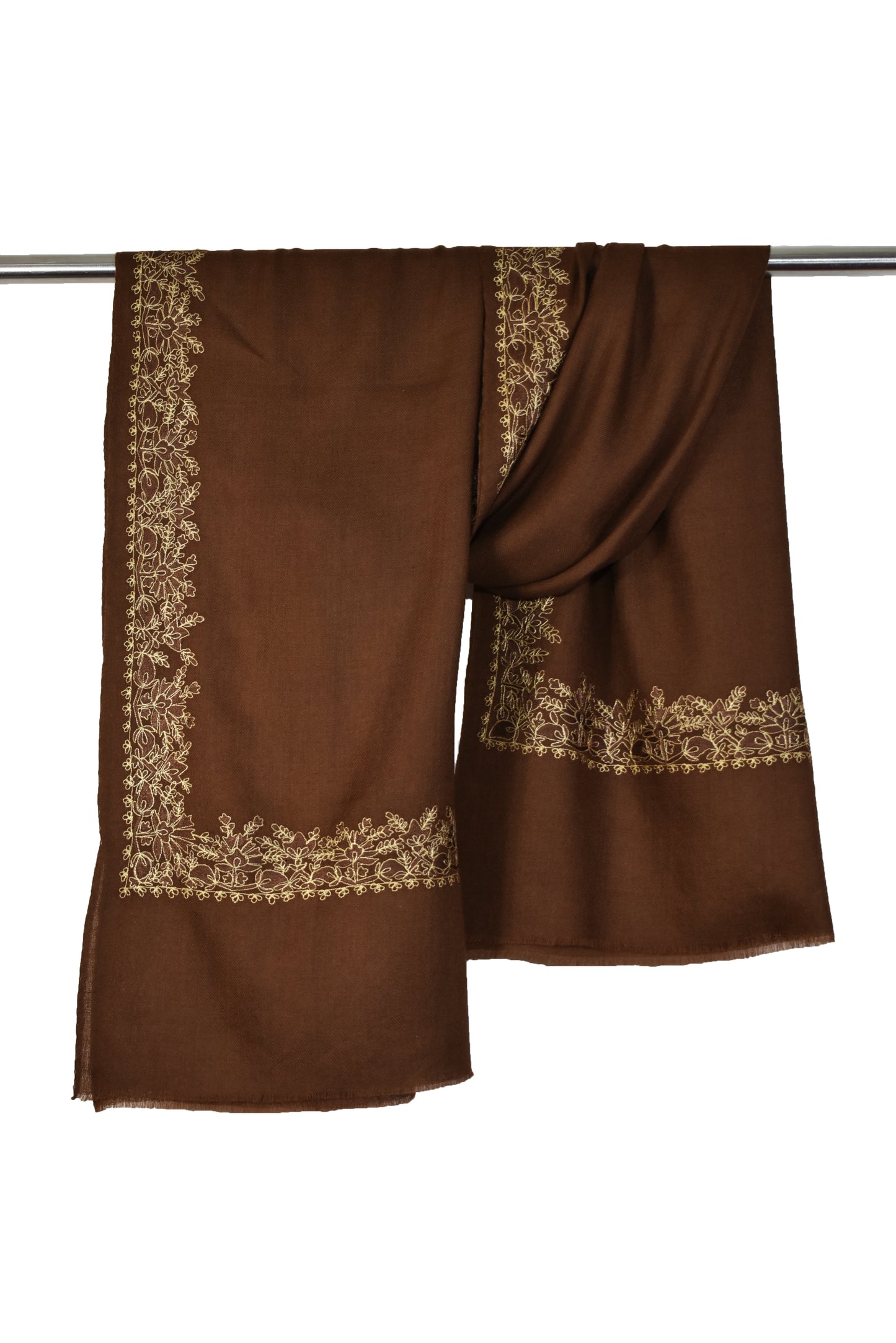 Charming Warm Kashmiri Cashmere Wool Stole in Chocolate Brown with Multicolor Hashidar Single Stitch Embroidery Floral Flowers Design Border