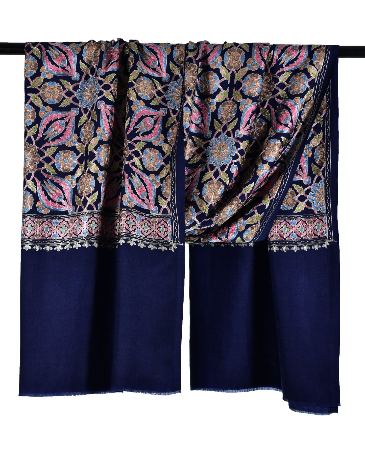 Luxurious Italian Indigo Berry Blue Cashmere Wool Stole with Persian Floral Motifs in Exquisite Sozni Ari Embroidery