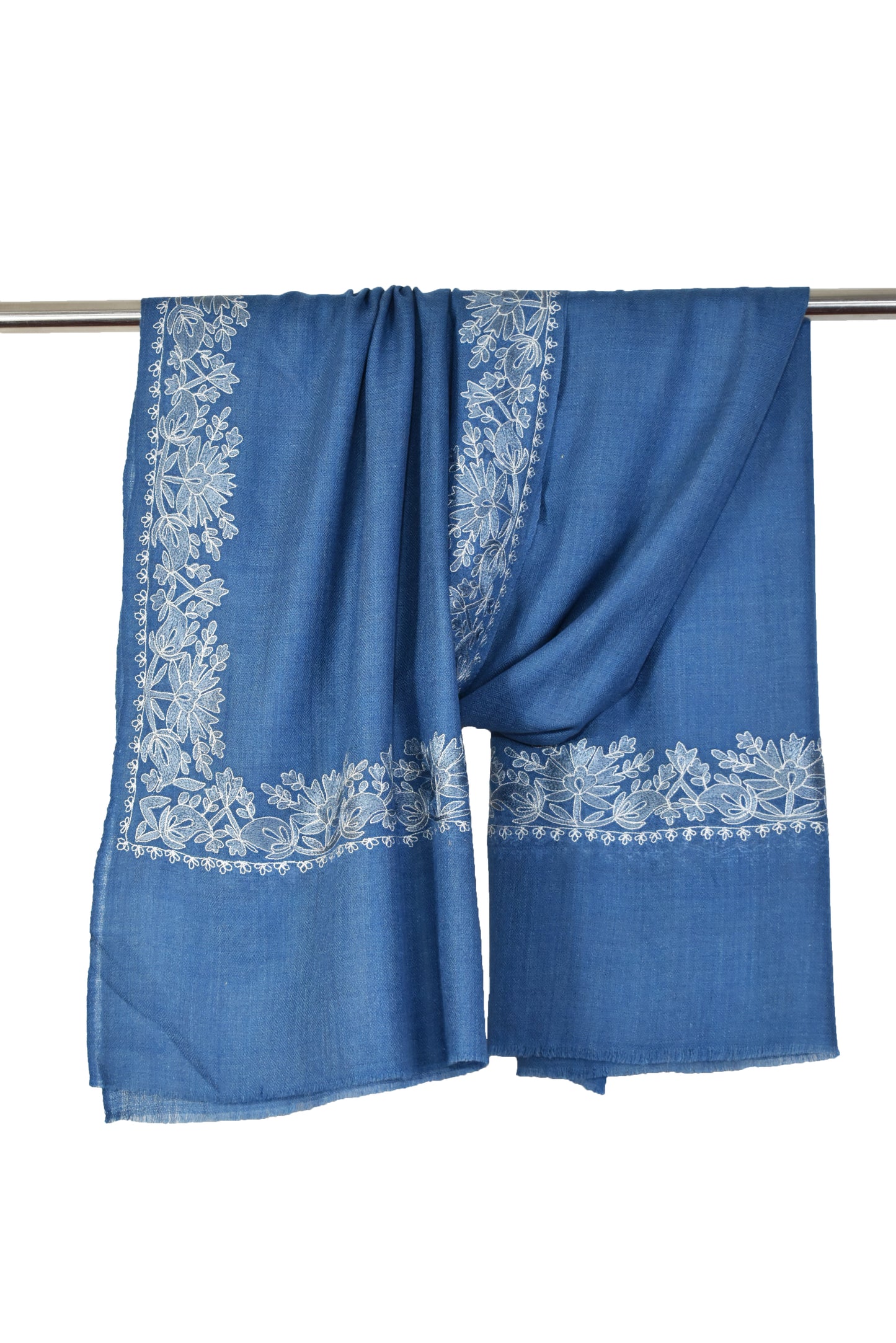 Royal Kashmiri Cashmere Wool Stole in Yale Blue with Multicolor Hashidar Single Stitch Embroidery Floral Flowers Deign Border