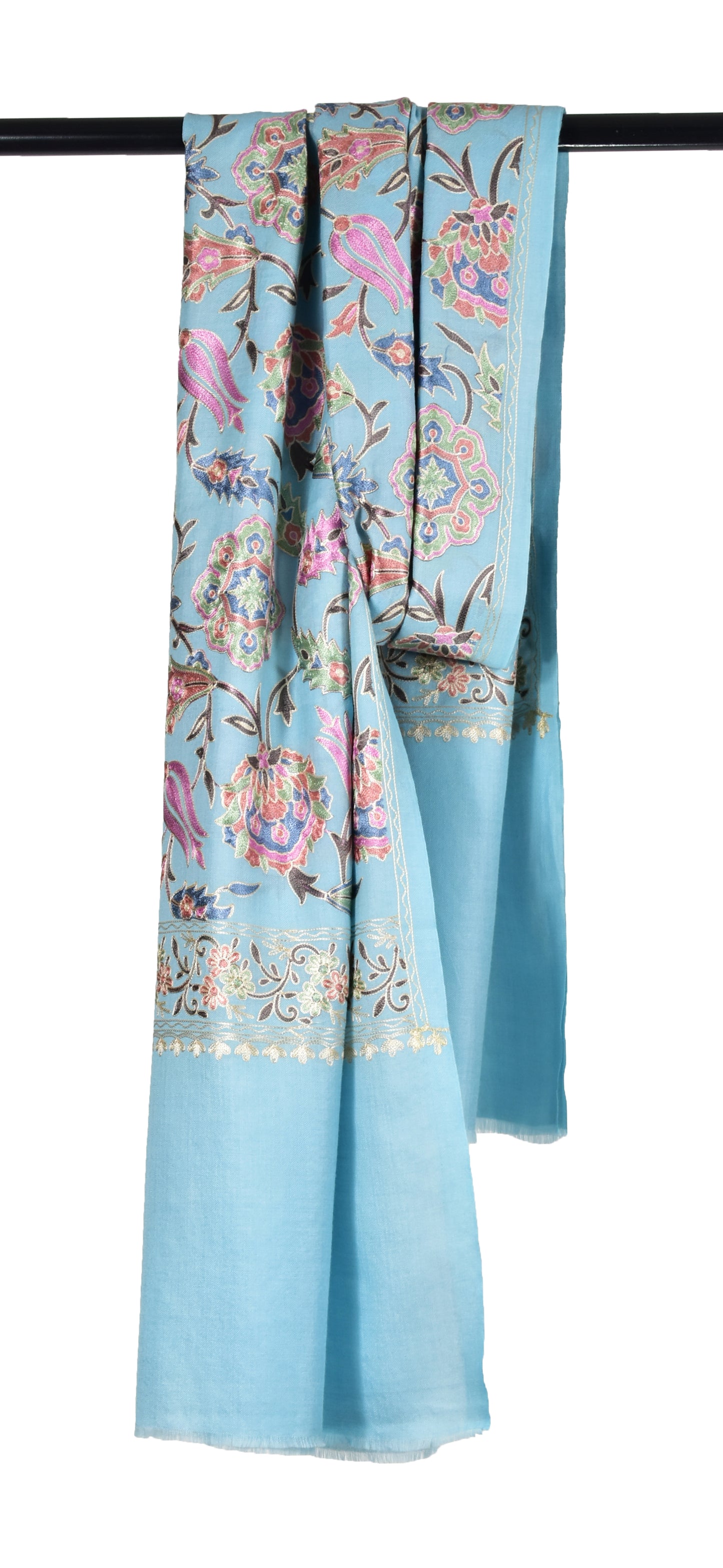 Riem Cashmere Wool Stole in Seagull Blue with Intricate Sozni Ari Embroidery – Multicolor Elegance