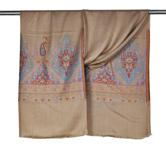 Kashmiri Kani Jamawar Weaved Palla flower design cashmere wool stole, Beige, Multicolor