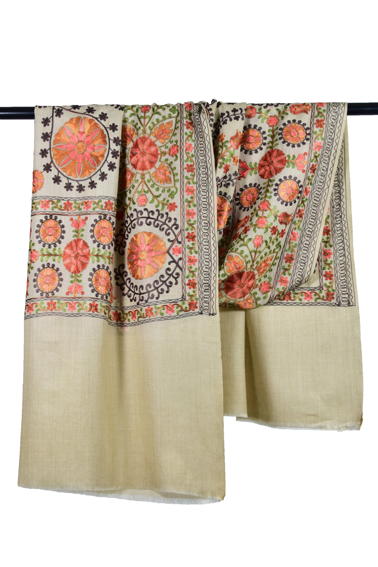 Cashmere Wools stole in natural beige with all over flower motifs in ari embroidery, multicolor by Riem