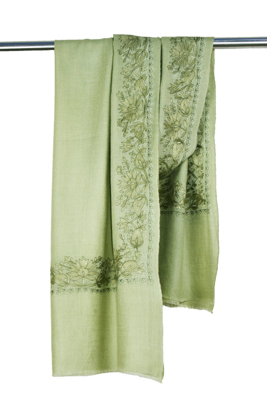 Luxury Kashmiri Cashmere Wool Stole – Tea Green with Handcrafted Floral Vine Design, Single Stitch Embroidery by Riem