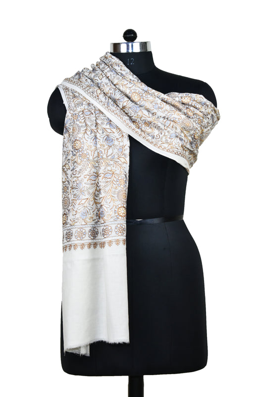 Kashmiri Ari Embroidery Cashmere Wool Stole all over Flower Vines design, White, Multicolor