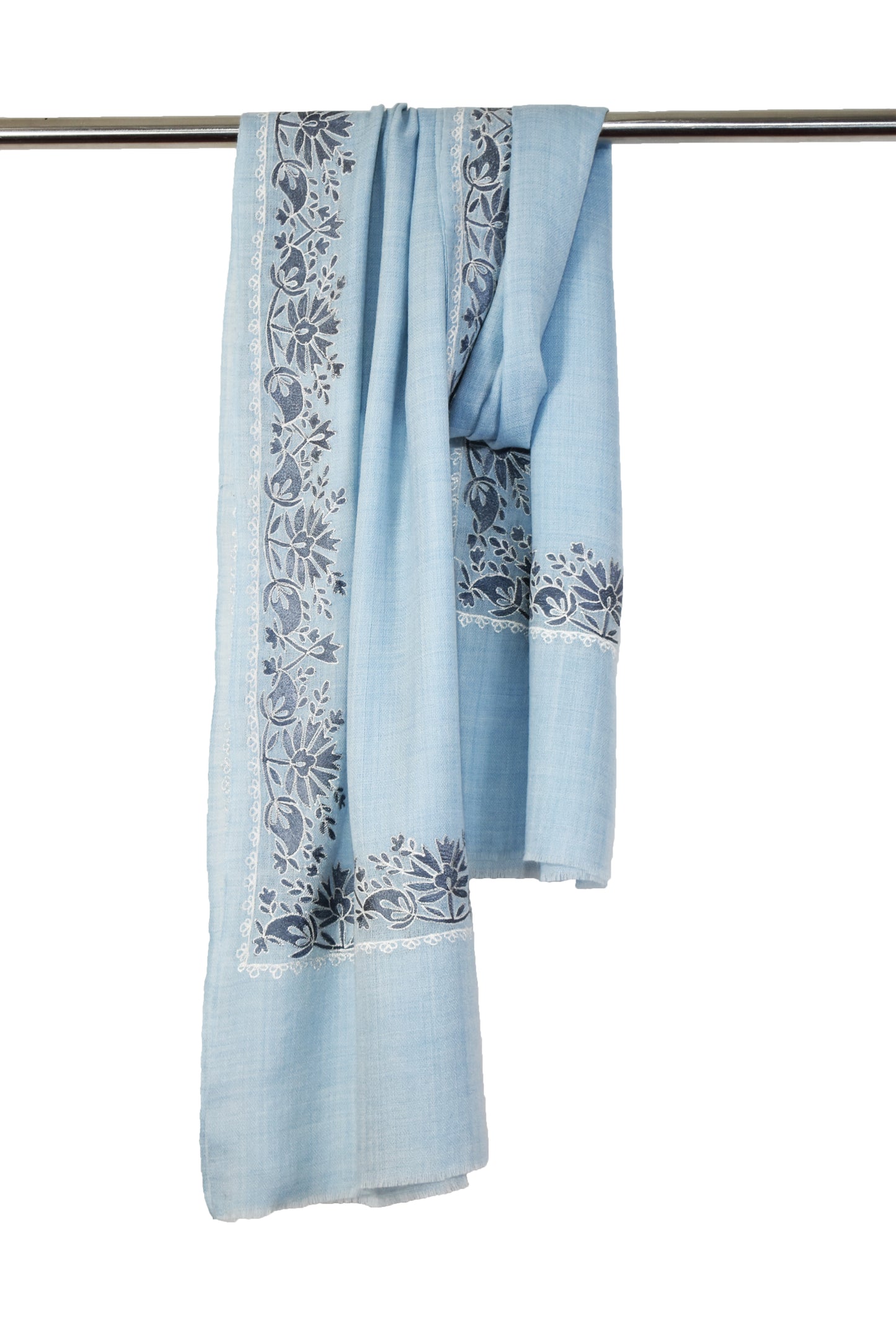 Elegant Kashmiri Cashmere Wool Stole in Ivory Light Blue with Multicolor Hashidar Single Stitch Floral Flowers Deign Embroidery Border