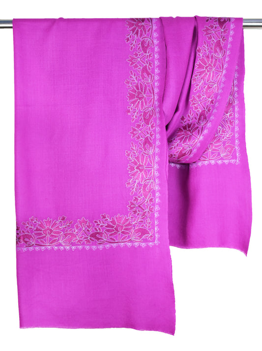 Kashmiri Hashidar single stich embroidery all over flower vein design cashmere wool stole, Barbie Pink