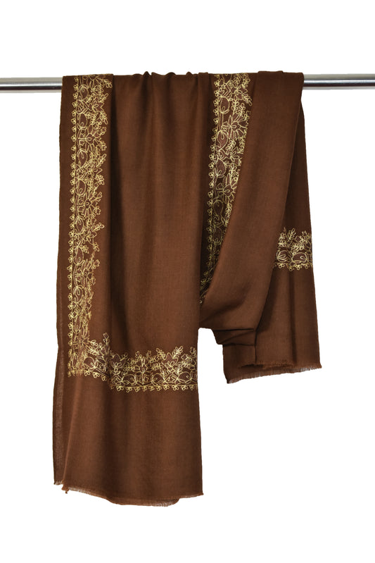 Charming Warm Kashmiri Cashmere Wool Stole in Chocolate Brown with Multicolor Hashidar Single Stitch Embroidery Floral Flowers Design Border