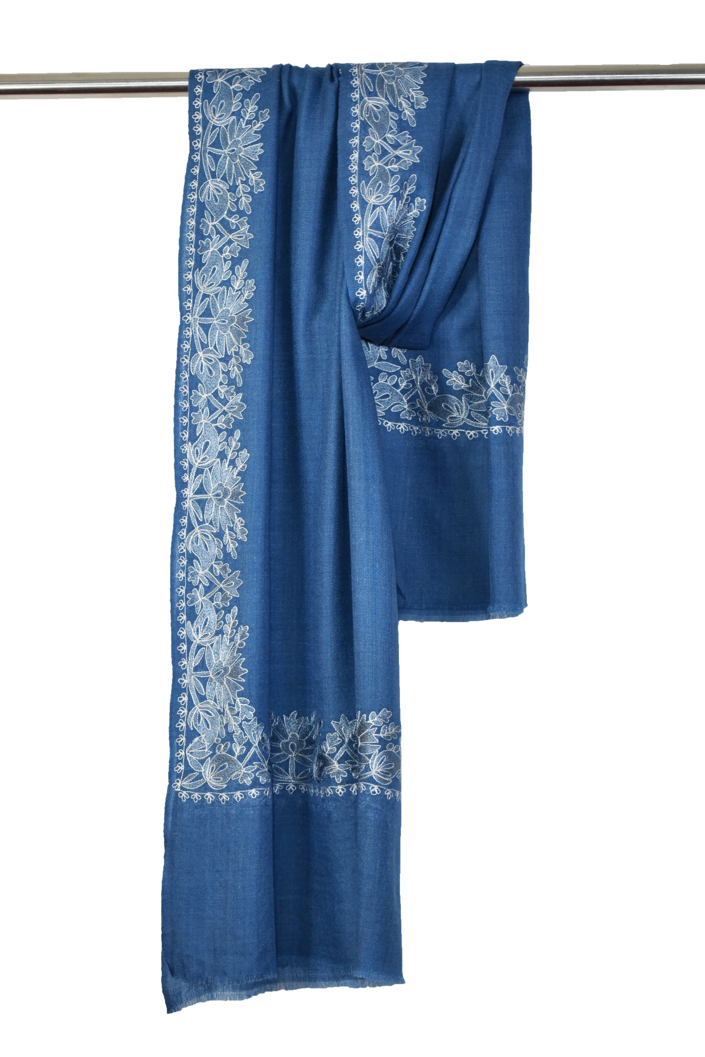 Royal Kashmiri Cashmere Wool Stole in Yale Blue with Multicolor Hashidar Single Stitch Embroidery Floral Flowers Deign Border