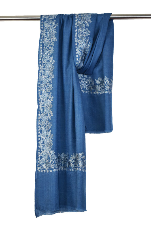 Royal Kashmiri Cashmere Wool Stole in Yale Blue with Multicolor Hashidar Single Stitch Embroidery Floral Flowers Deign Border