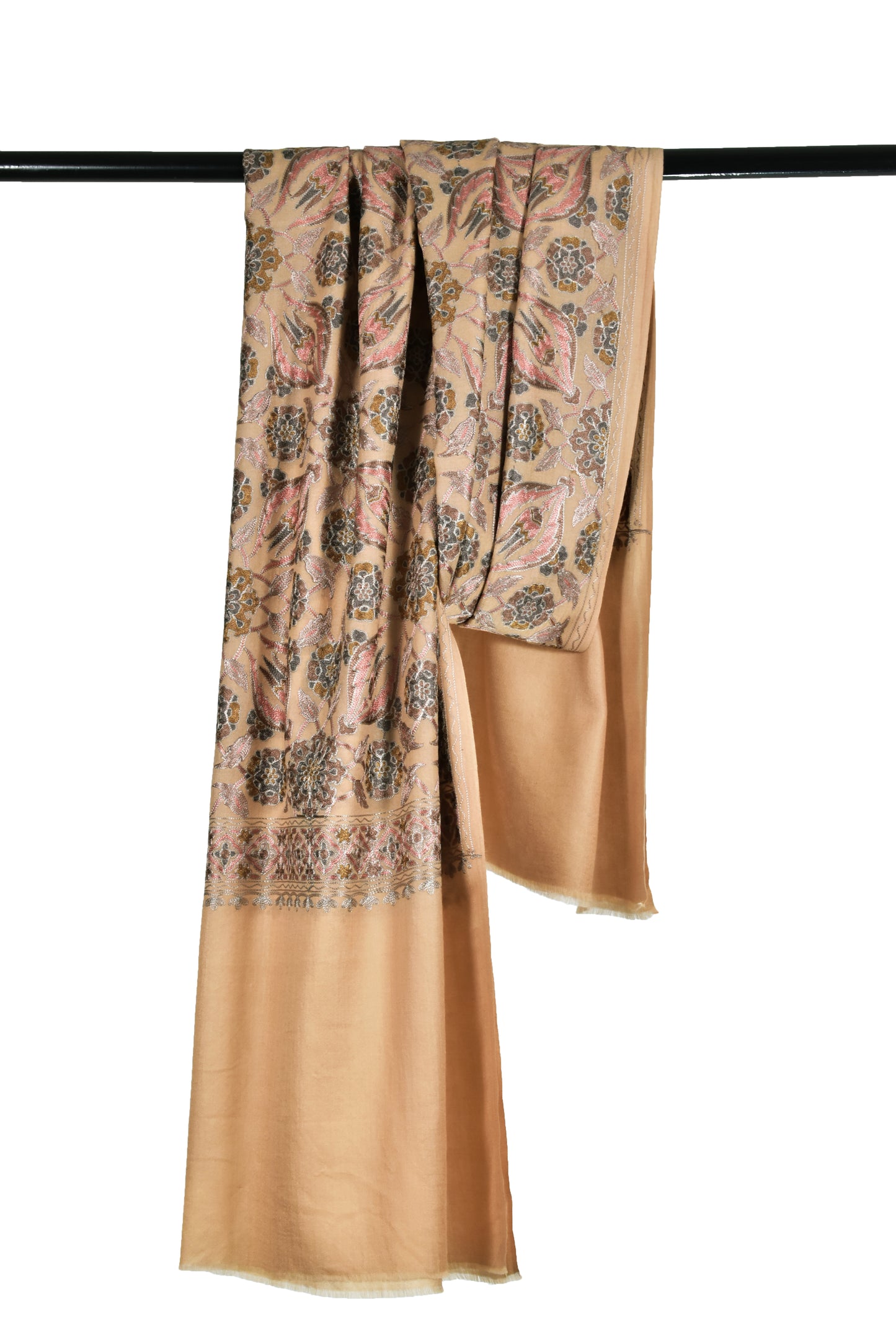 Italian Sepia Beige Cashmere wool stole with all over Persian flower motifs made with sozni ari embroidery