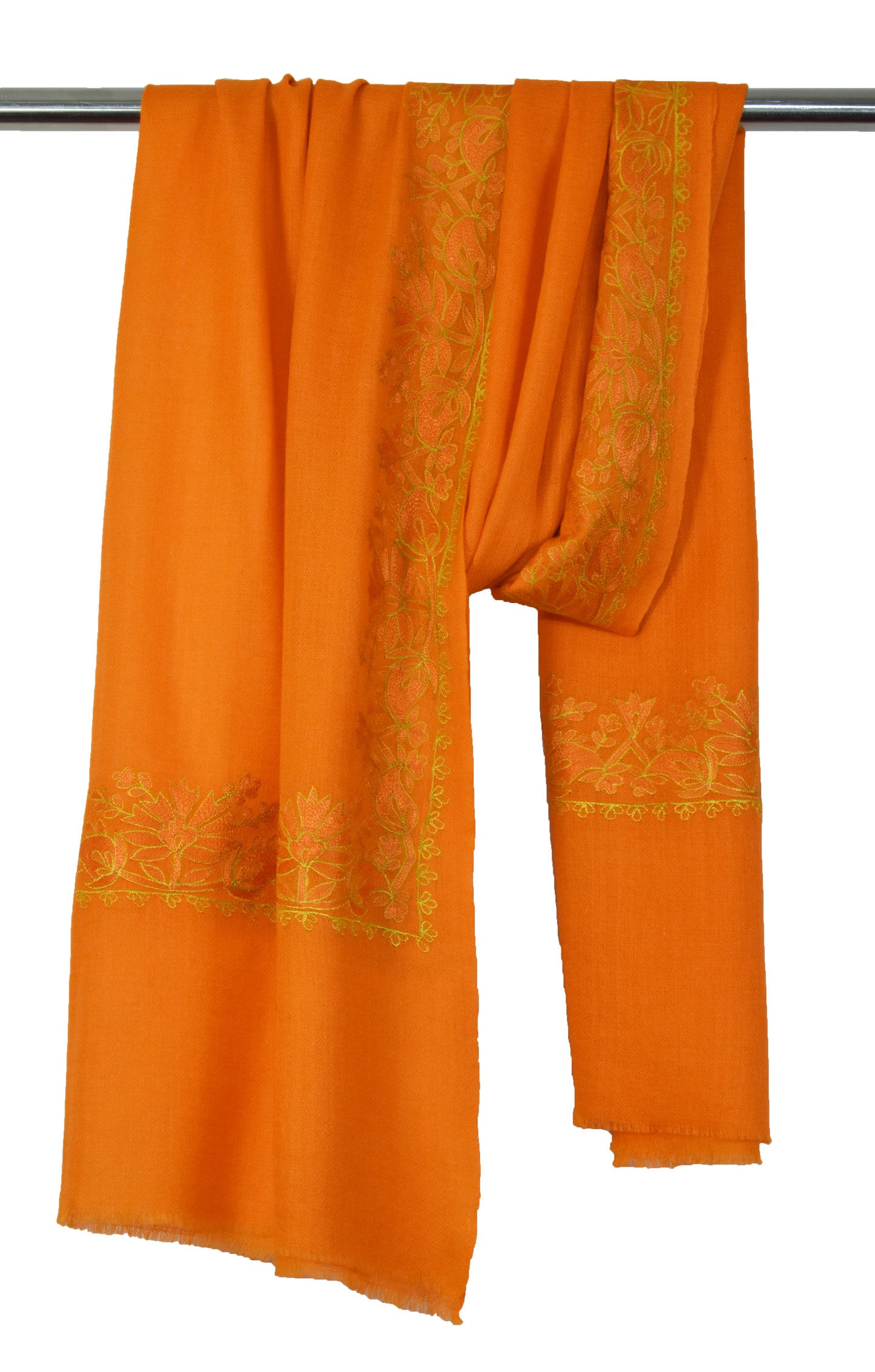 Elegant Kashmiri Cashmere Wool Stole in Crisp Orange with Multicolor Hashidar Single Stitch Embroidery Floral Flowers Design Border