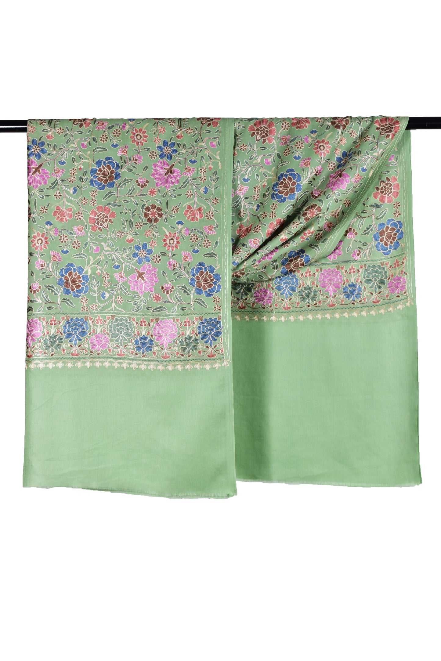 Riem Cashmere Wool Stole in Matcha Green with Artful Sozni Ari Embroidery – Multicolor Splendor