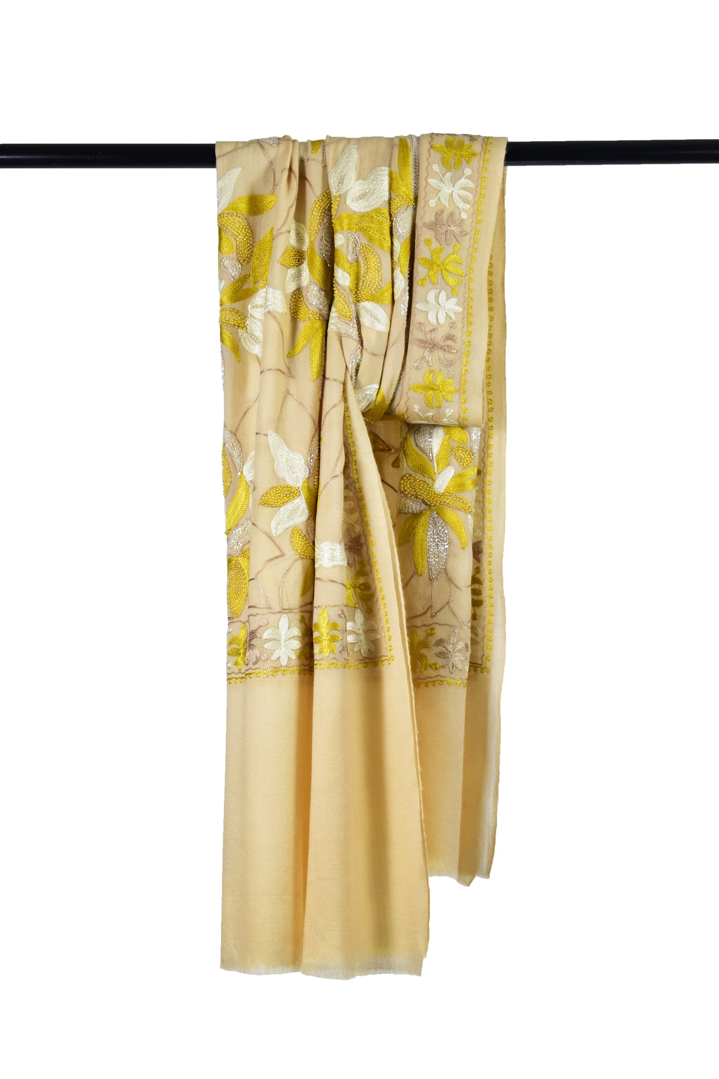 Luxurious Cashmere Wool Stole in Mexican Cornsilk Yellow with Intricate Leaf Motifs with Artisan Ari & Handwork Embroidery by Riem