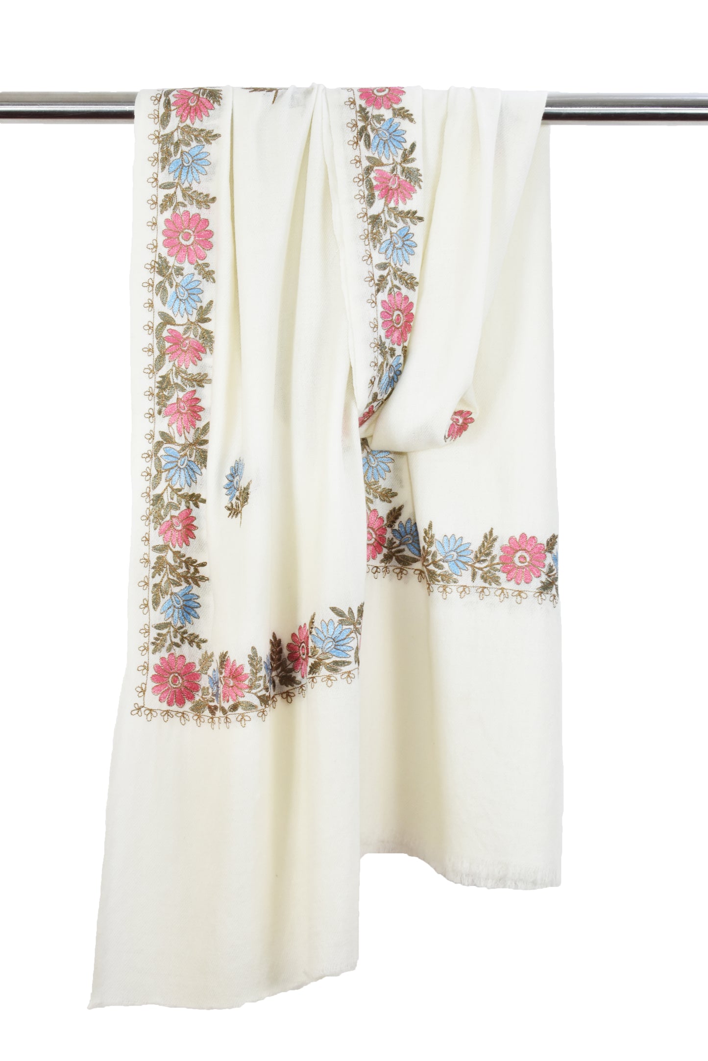 Luxurious Kashmiri Cashmere Wool Stole in White with Multicolor Hashidar Floral Flower Vein Design Single Stitch Embroidery