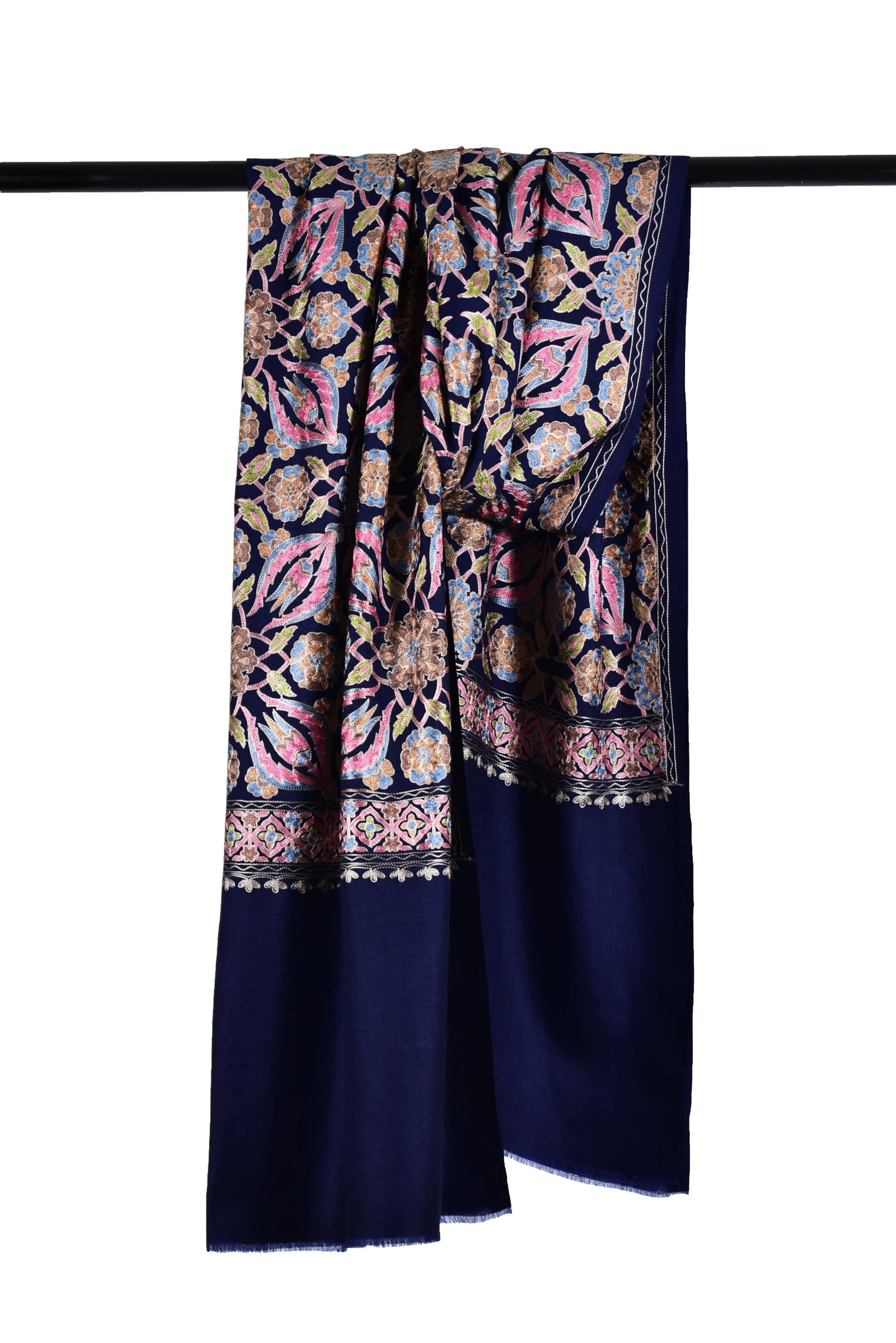 Luxurious Italian Indigo Berry Blue Cashmere Wool Stole with Persian Floral Motifs in Exquisite Sozni Ari Embroidery