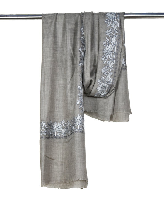Kashmiri Hashidar single stich Embroidery all over flower vein design cashmere wool stole, Greyish Beige