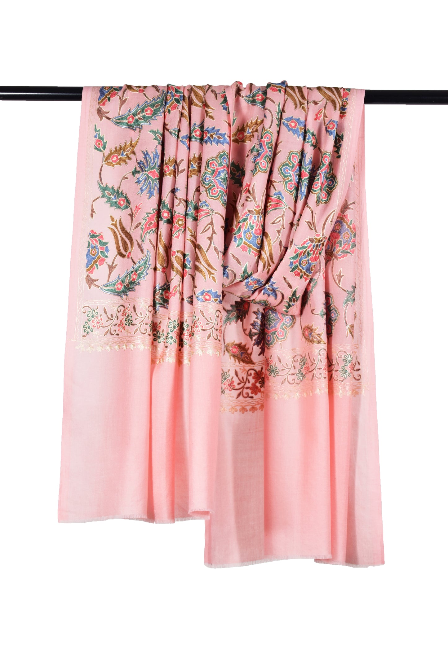 Riem Cashmere Wool all over elegant Sozni Ari Embroidery Stole, Ivory Pink, Multicolor