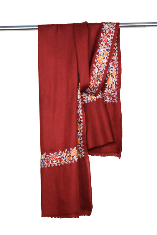 Kashmiri Cashmere Wool Luxury Stole in Maroon Red with Multicolor Hashidar Single Stitch Floral Vein Embroidery