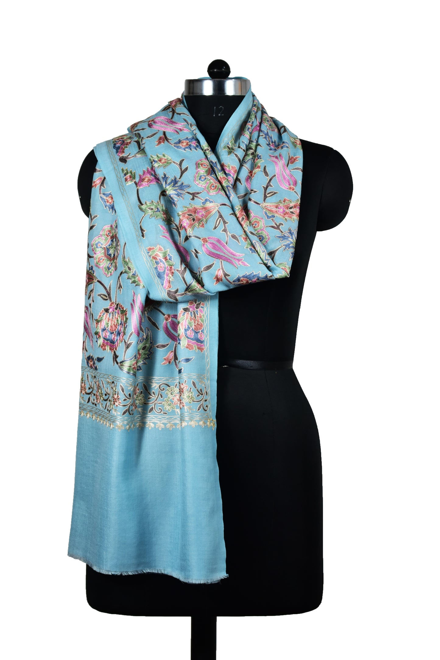 Riem Cashmere Wool Stole in Seagull Blue with Intricate Sozni Ari Embroidery – Multicolor Elegance