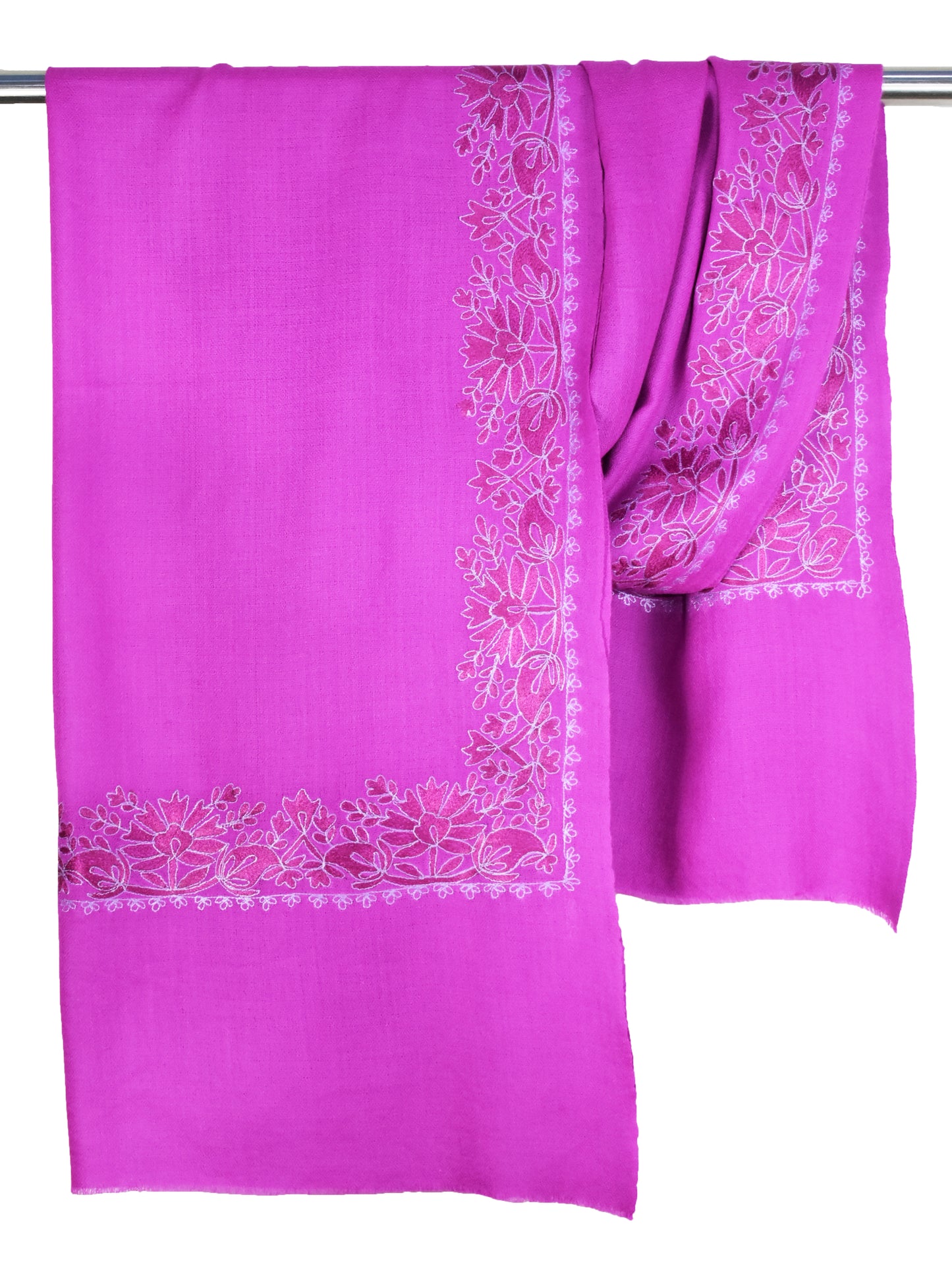 Kashmiri Cashmere Wool Luxury Stole in Barbie Pink – Handwoven with Hashidar Art Single Stitch Floral Vine Embroidery by Riem