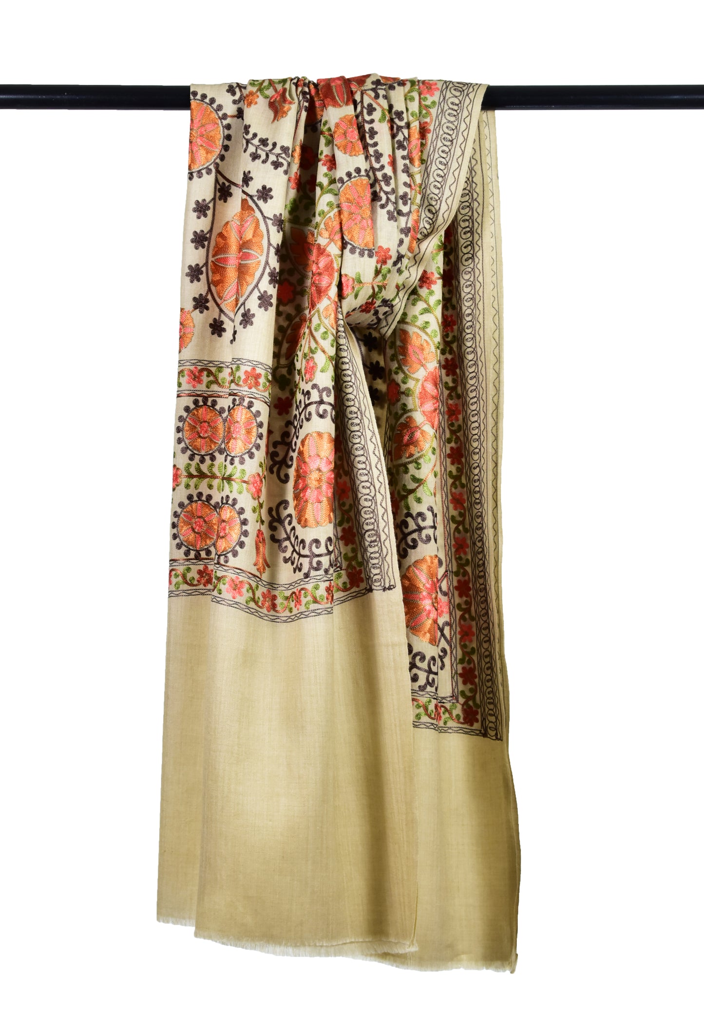 Cashmere Wools stole in natural beige with all over flower motifs in ari embroidery, multicolor by Riem