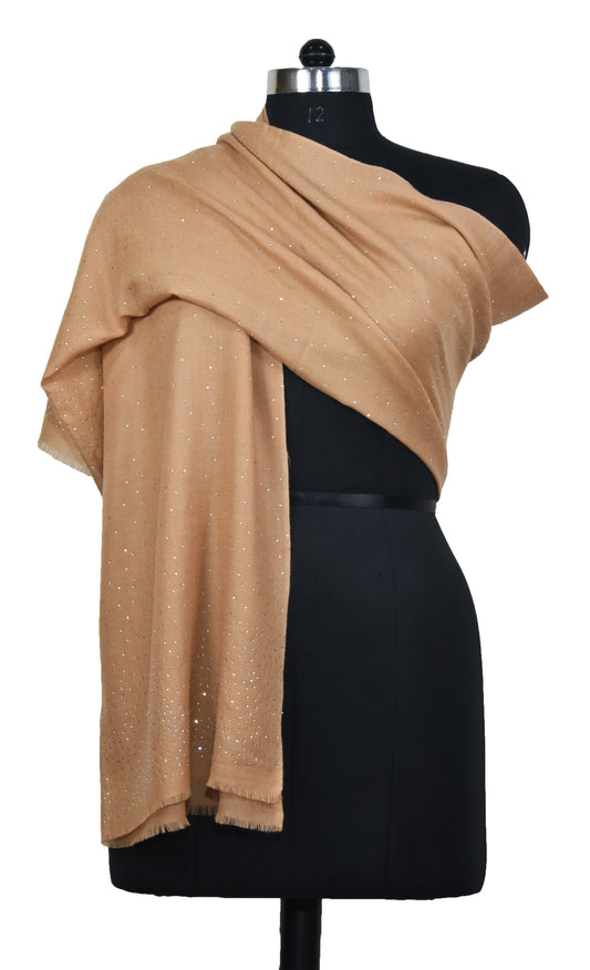 Crystal Hot Fix stone Sprinkle Design Cashmere wool Stole for Women and Gifting, Light Beige, Silver