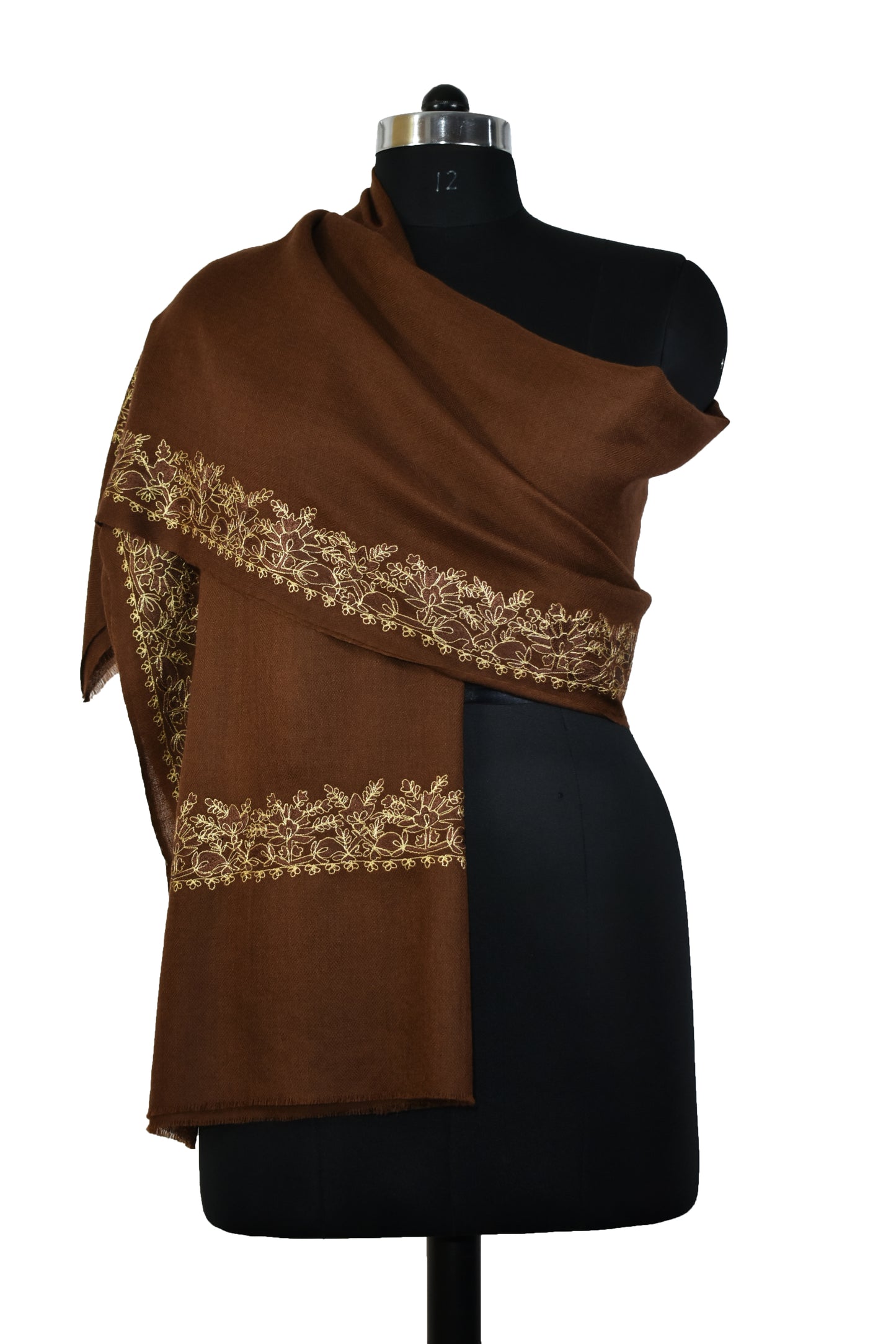 Charming Warm Kashmiri Cashmere Wool Stole in Chocolate Brown with Multicolor Hashidar Single Stitch Embroidery Floral Flowers Design Border