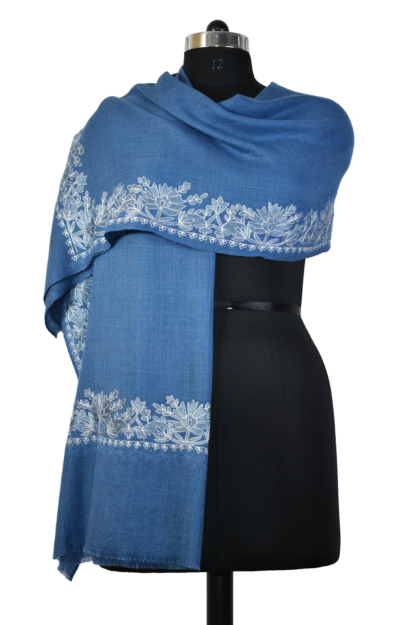 Royal Kashmiri Cashmere Wool Stole in Yale Blue with Multicolor Hashidar Single Stitch Embroidery Floral Flowers Deign Border