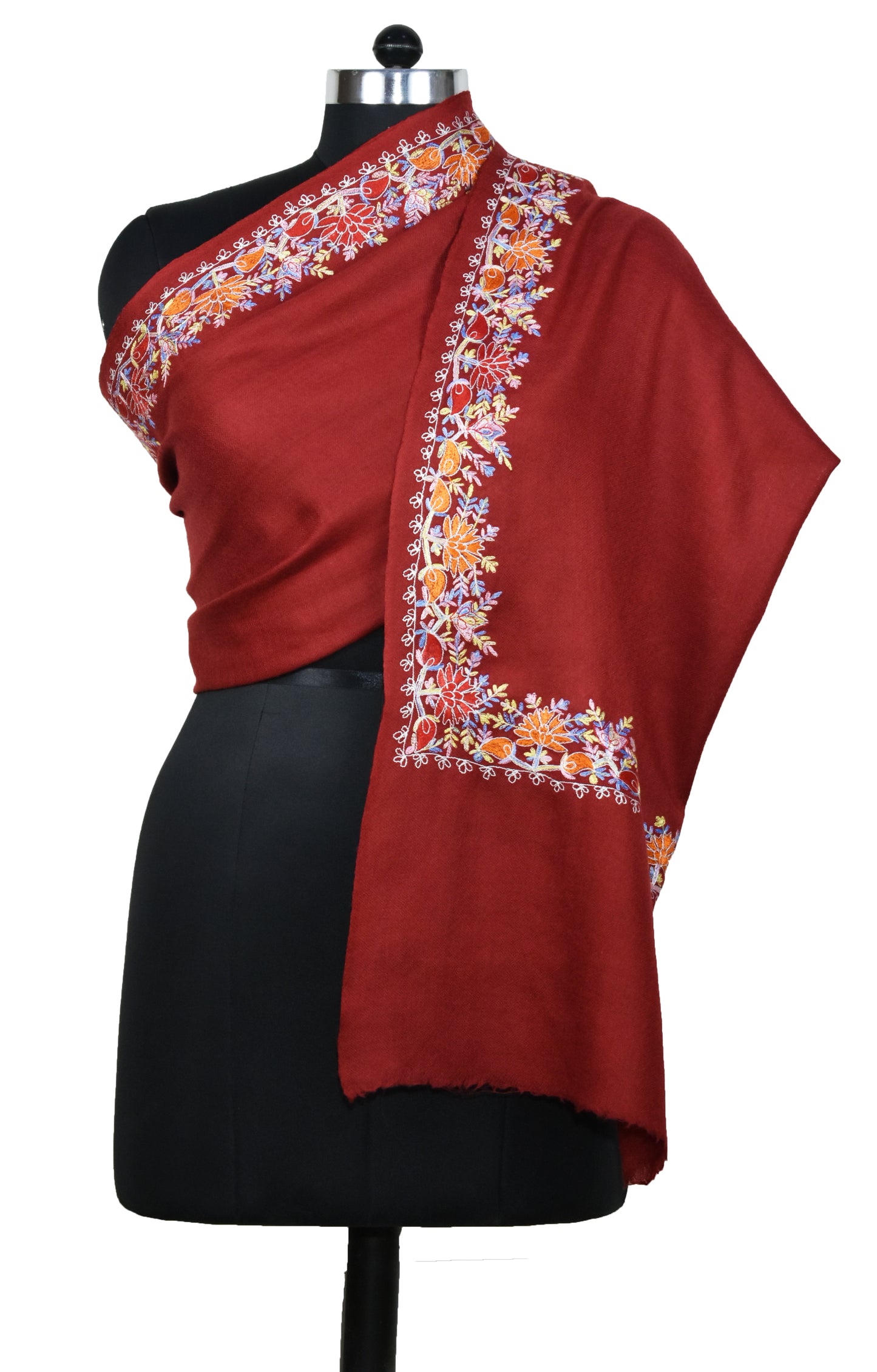 Kashmiri Cashmere Wool Luxury Stole in Maroon Red with Multicolor Hashidar Single Stitch Floral Vein Embroidery