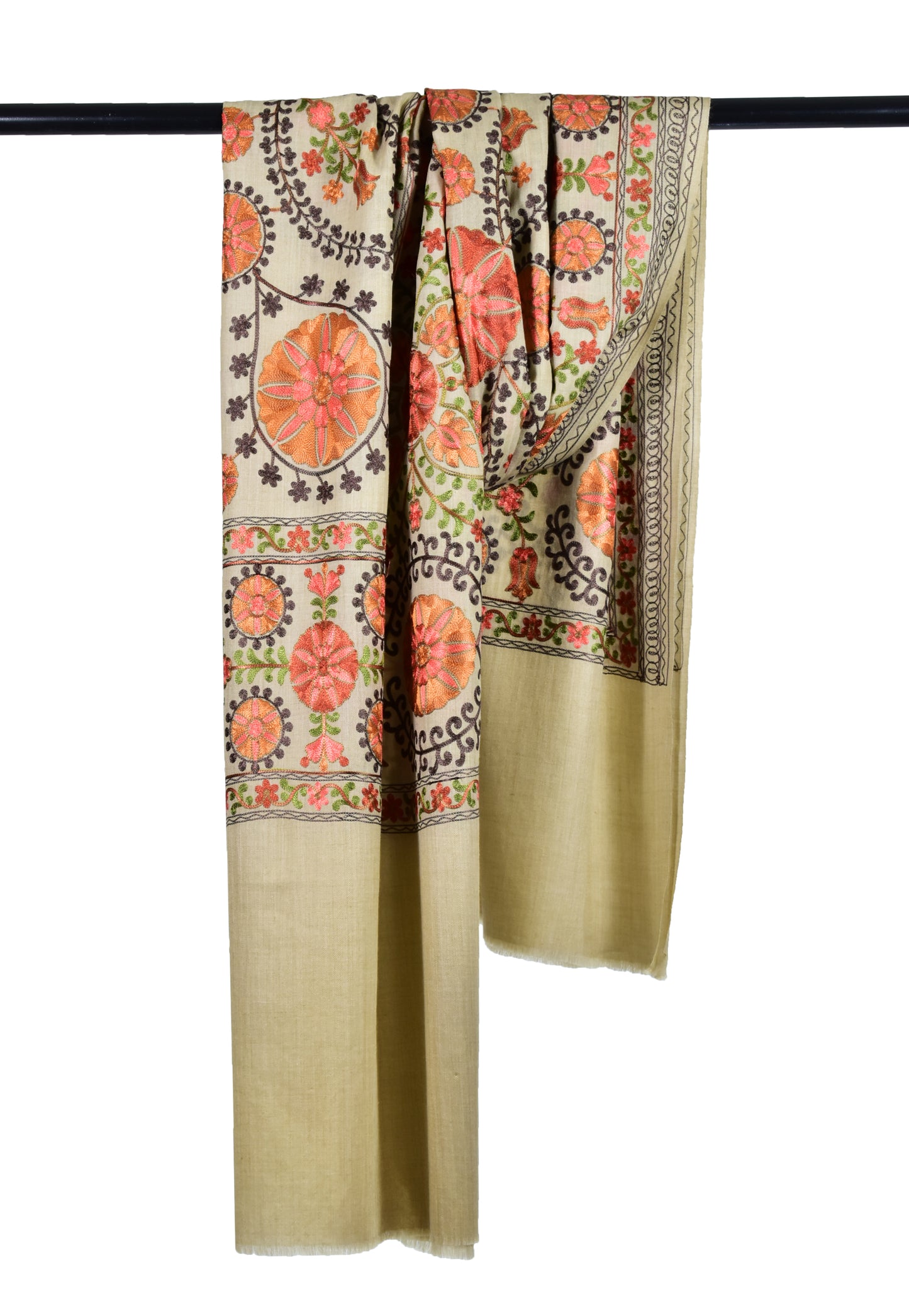 Cashmere Wools stole in natural beige with all over flower motifs in ari embroidery, multicolor by Riem