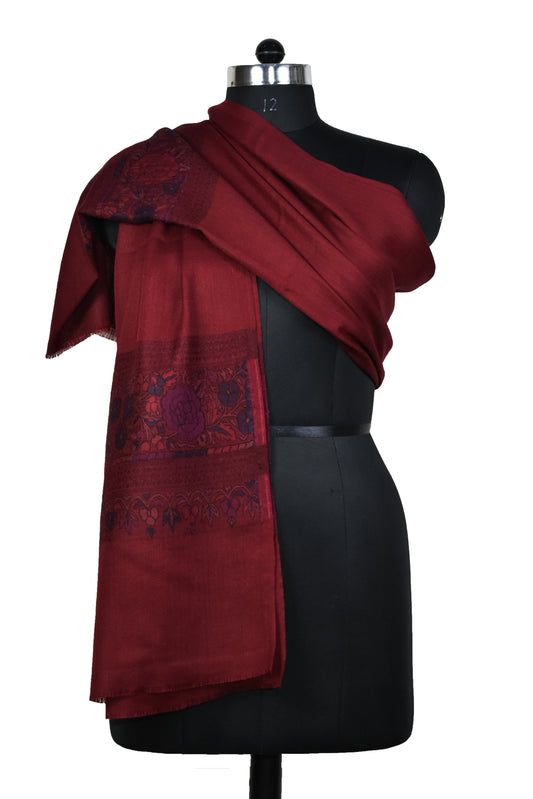 Kashmiri Kani Jamawar weaved Palla flower design cashmere wool stole, Dark Maroon, Multicolor