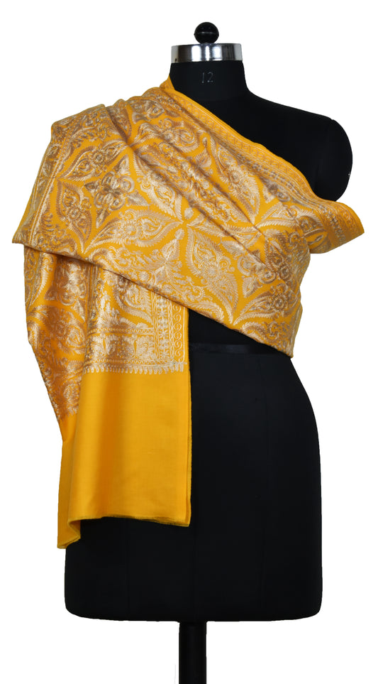 Kashmiri all over Ari Embroidery Butta design cashmere wool stole, Mastard yellow