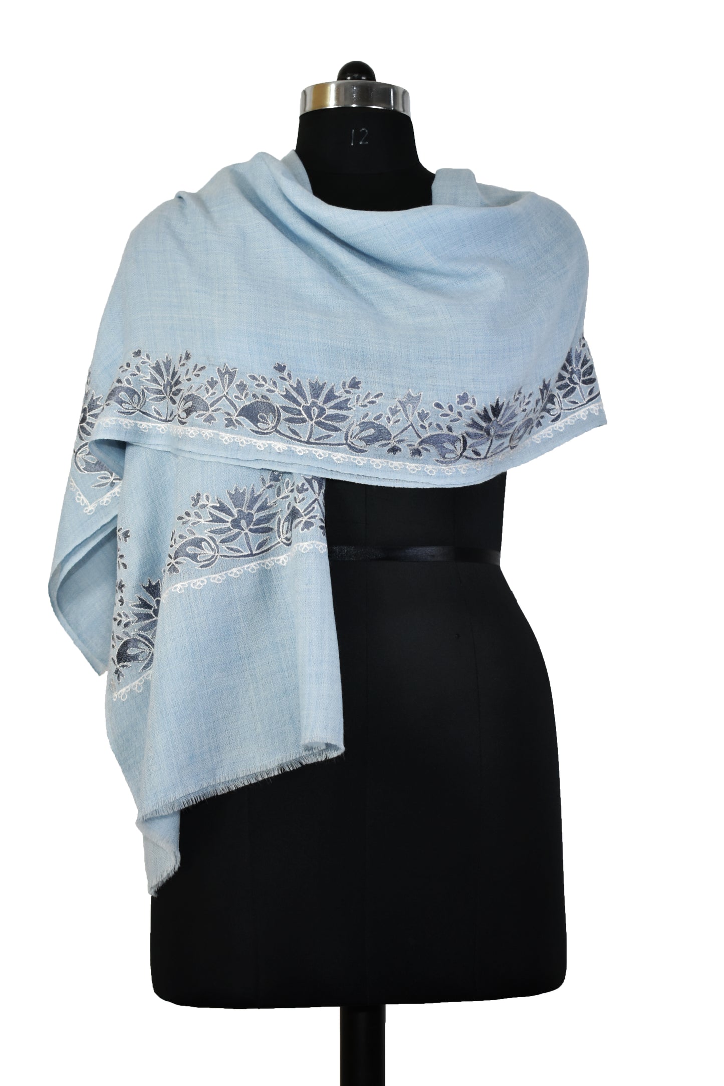 Elegant Kashmiri Cashmere Wool Stole in Ivory Light Blue with Multicolor Hashidar Single Stitch Floral Flowers Deign Embroidery Border