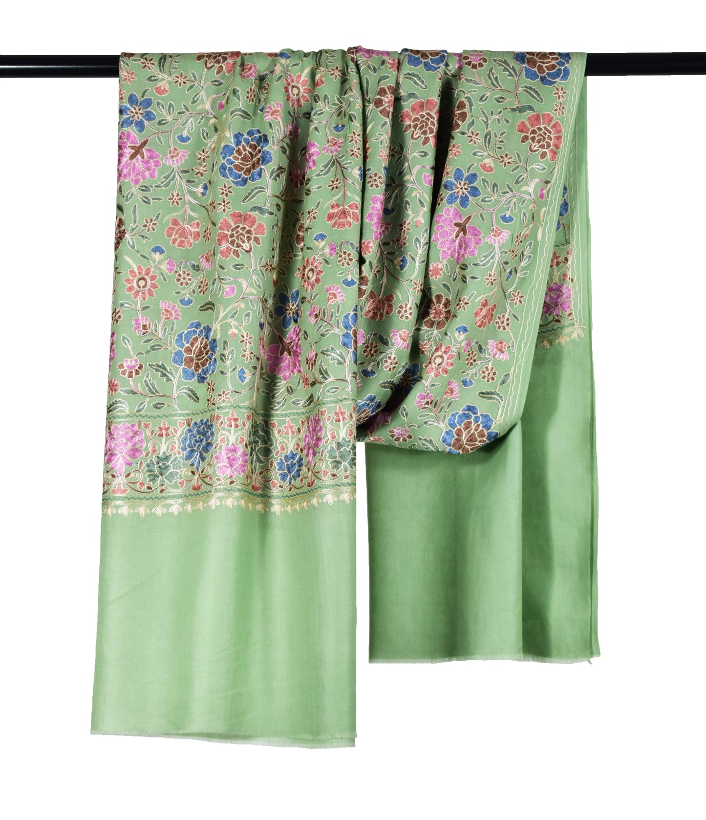 Riem Cashmere Wool Stole in Matcha Green with Artful Sozni Ari Embroidery – Multicolor Splendor