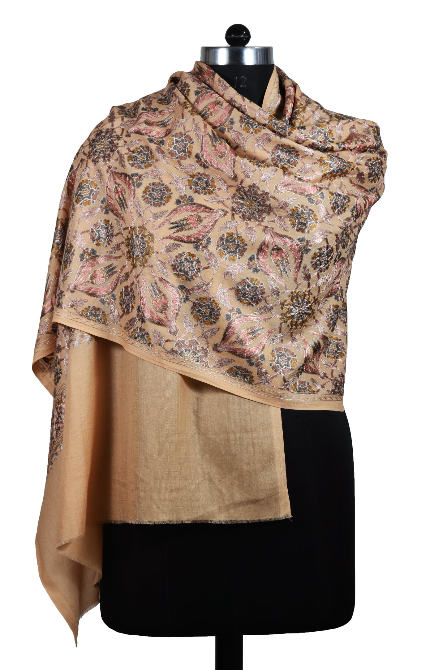 Italian Sepia Beige Cashmere wool stole with all over Persian flower motifs made with sozni ari embroidery