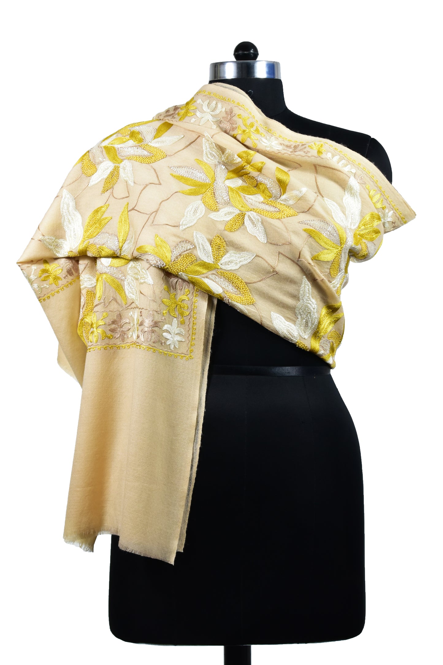 Luxurious Cashmere Wool Stole in Mexican Cornsilk Yellow with Intricate Leaf Motifs with Artisan Ari & Handwork Embroidery by Riem