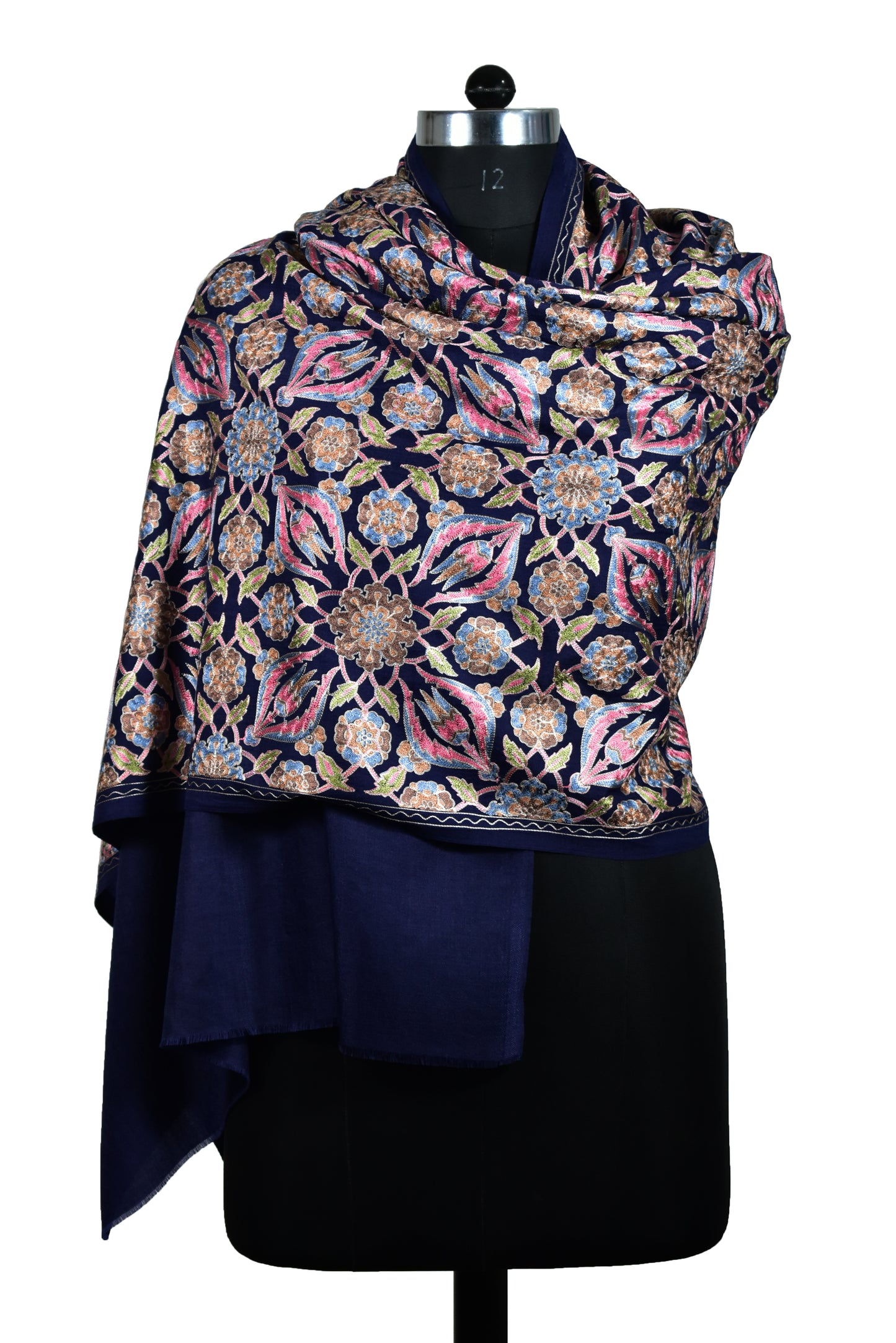 Luxurious Italian Indigo Berry Blue Cashmere Wool Stole with Persian Floral Motifs in Exquisite Sozni Ari Embroidery