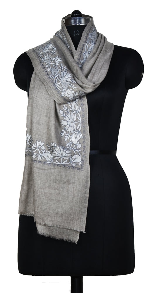 Kashmiri Hashidar single stich Embroidery all over flower vein design cashmere wool stole, Greyish Beige