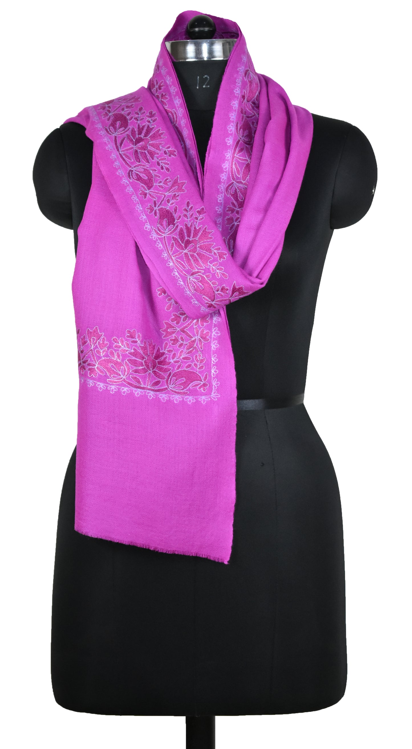 Kashmiri Cashmere Wool Luxury Stole in Barbie Pink – Handwoven with Hashidar Art Single Stitch Floral Vine Embroidery by Riem