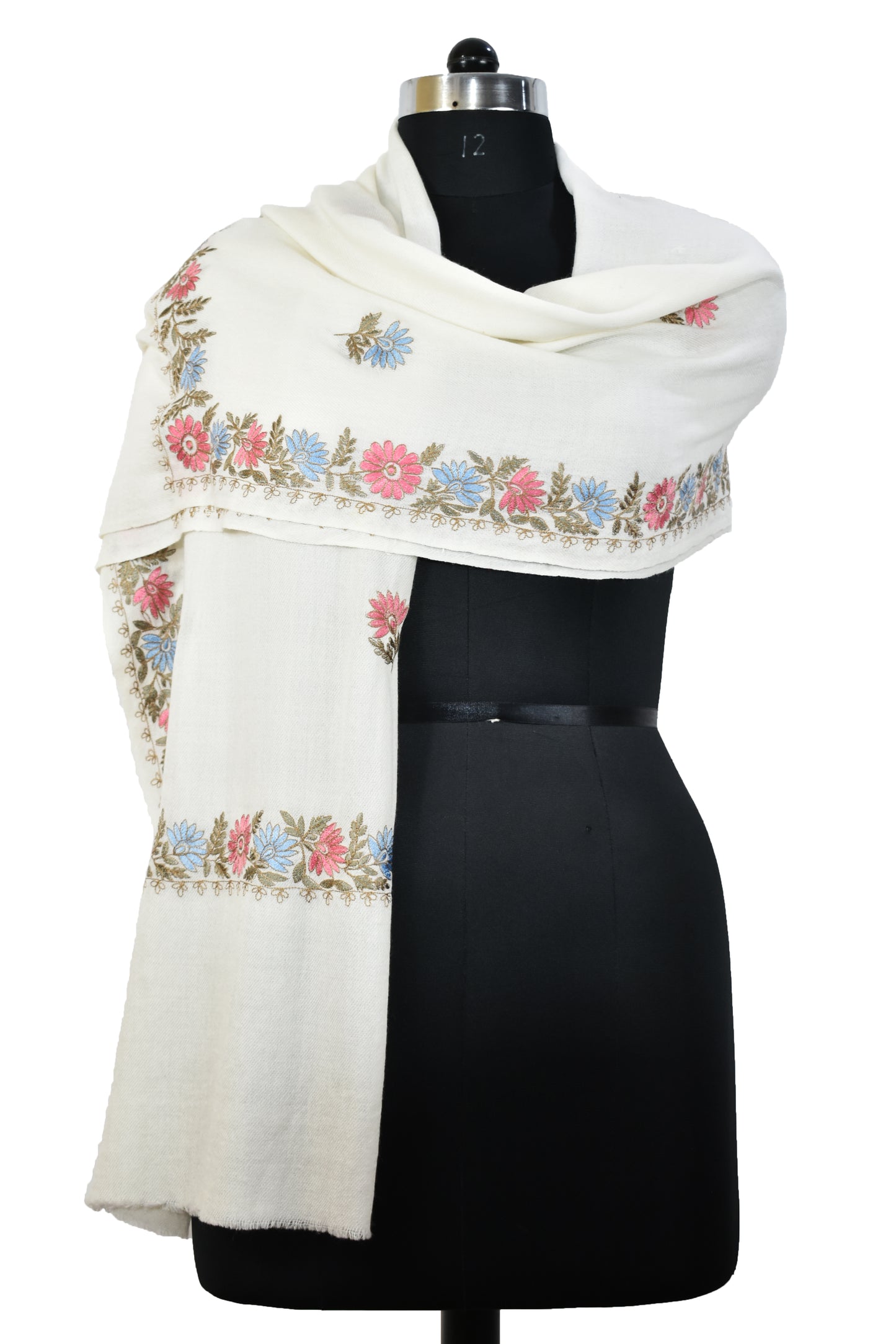 Luxurious Kashmiri Cashmere Wool Stole in White with Multicolor Hashidar Floral Flower Vein Design Single Stitch Embroidery