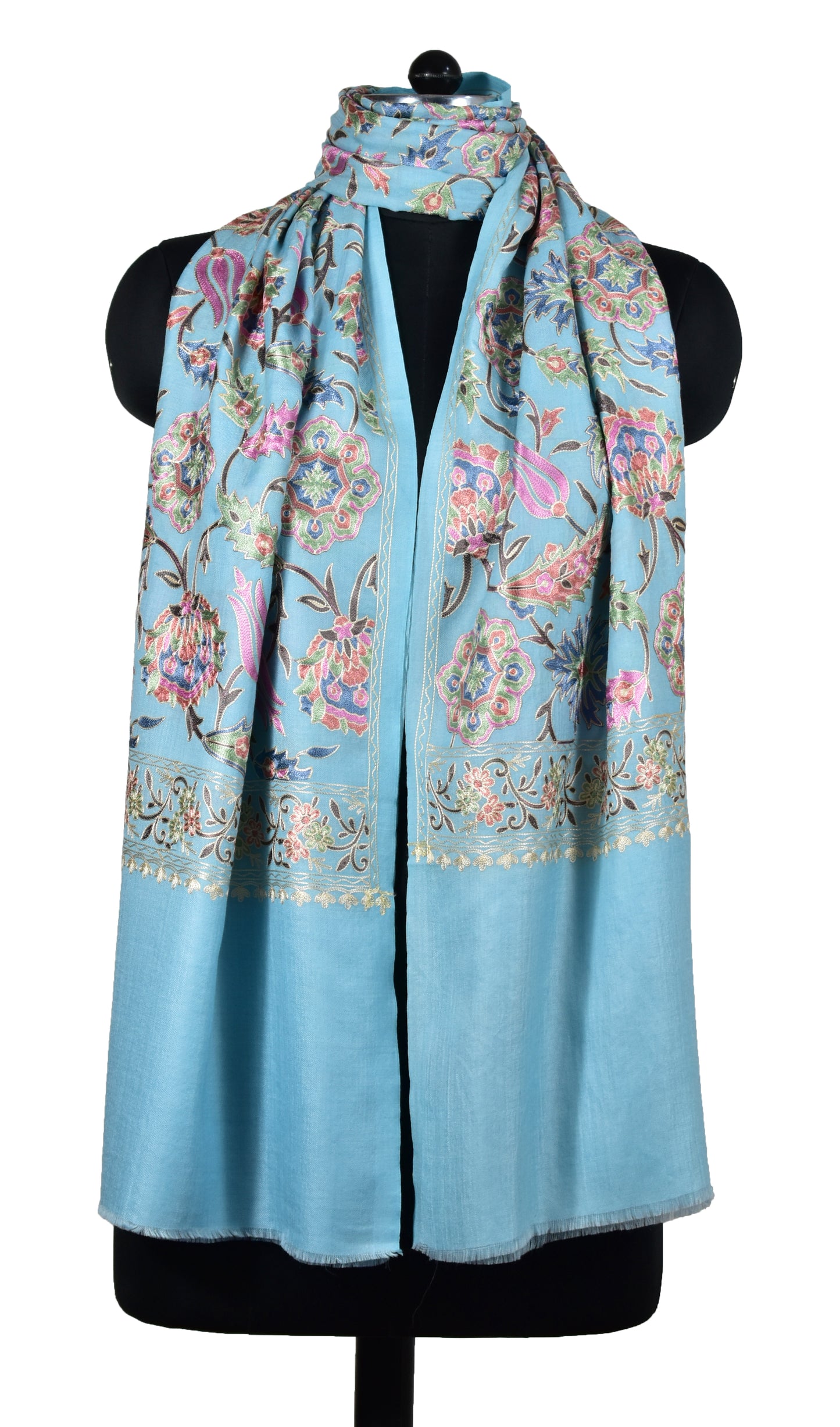 Riem Cashmere Wool Stole in Seagull Blue with Intricate Sozni Ari Embroidery – Multicolor Elegance